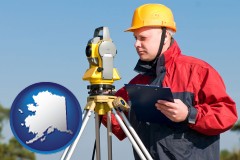 alaska map icon and a surveyor with transit level equipment