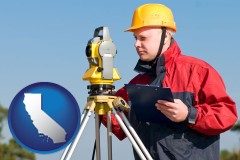 california map icon and a surveyor with transit level equipment