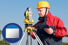 colorado map icon and a surveyor with transit level equipment