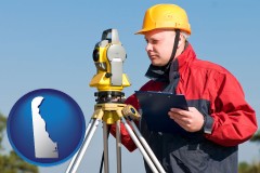 delaware map icon and a surveyor with transit level equipment