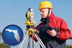 florida map icon and a surveyor with transit level equipment
