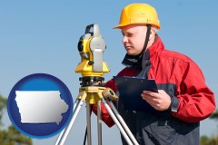 iowa map icon and a surveyor with transit level equipment