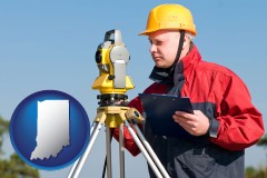 indiana map icon and a surveyor with transit level equipment