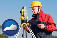 kentucky map icon and a surveyor with transit level equipment