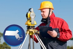 massachusetts map icon and a surveyor with transit level equipment