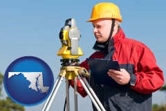 maryland map icon and a surveyor with transit level equipment