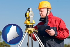 maine map icon and a surveyor with transit level equipment