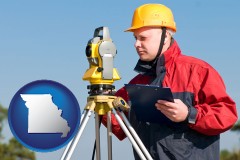 missouri map icon and a surveyor with transit level equipment