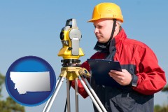 montana map icon and a surveyor with transit level equipment