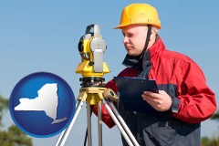 new-york map icon and a surveyor with transit level equipment