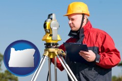 oregon map icon and a surveyor with transit level equipment