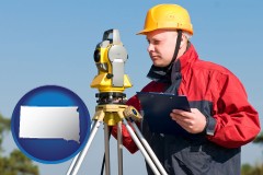 south-dakota map icon and a surveyor with transit level equipment