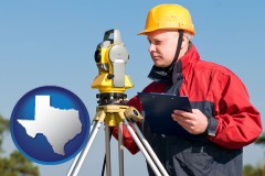 texas map icon and a surveyor with transit level equipment