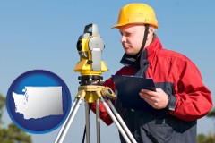washington map icon and a surveyor with transit level equipment
