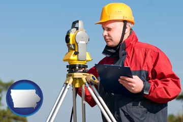 a surveyor with transit level equipment - with Iowa icon
