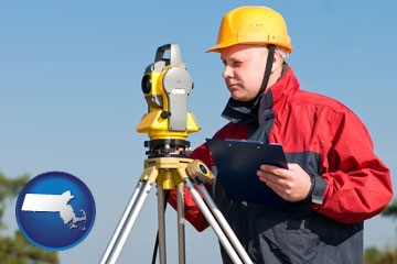 a surveyor with transit level equipment - with Massachusetts icon