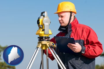 a surveyor with transit level equipment - with Maine icon