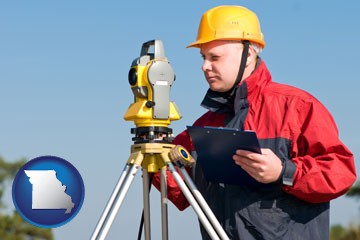 a surveyor with transit level equipment - with Missouri icon