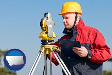 a surveyor with transit level equipment - with Montana icon