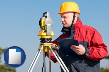 a surveyor with transit level equipment - with Utah icon